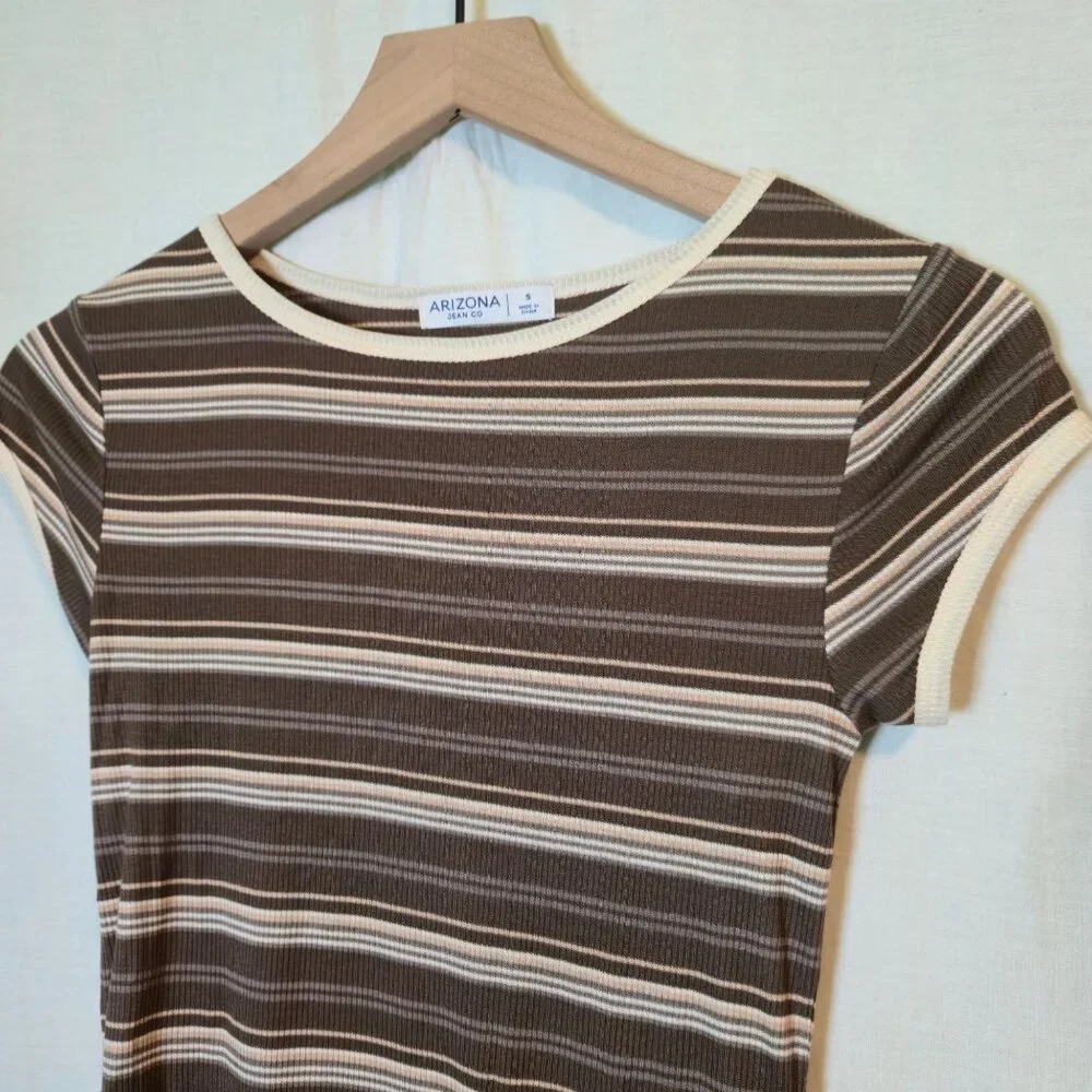 Arizona baby tee womens Small brown stripes short-sleeve round-neck Y2K - Picture 4 of 5